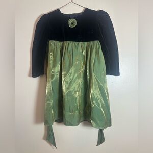Vintage 3T Jinelle Dress Holiday Made In USA Black Velvet Green Satin Christmas